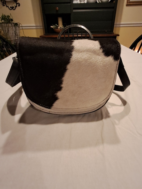 Handbags - Cowhide Crossbody Saddle Bag - Black & White with adjustable Strap